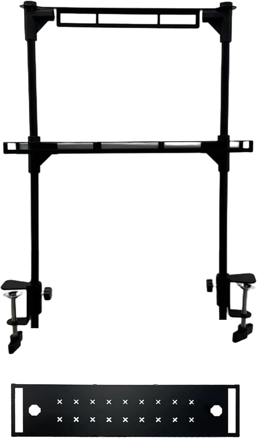 Camping Hanging Rack,2-Tier Clamp-On Camp Table Organizer, Black, Foldable Cookware Organizer for Picnic, Barbecue (Small Size with 4 Hooks and a Tabletop) 13.8" L x 21.7" H x 2"