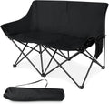 Folding Camping Chair, Portable Double Outdoor Loveseat for 2 Adults Person, Durable Foldable Collapsible Chairs for Camp Patio Picnic Beach Travel, Support 600Lbs, for Women & Men, Black