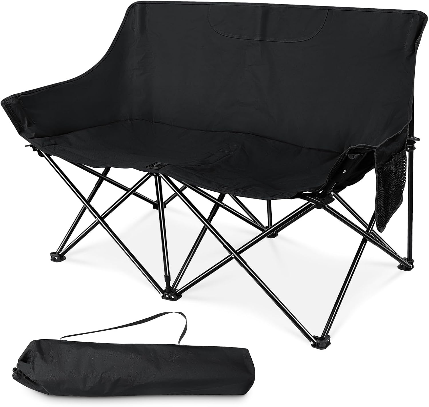 Folding Camping Chair, Portable Double Outdoor Loveseat for 2 Adults Person, Durable Foldable Collapsible Chairs for Camp Patio Picnic Beach Travel, Support 600Lbs, for Women & Men, Black