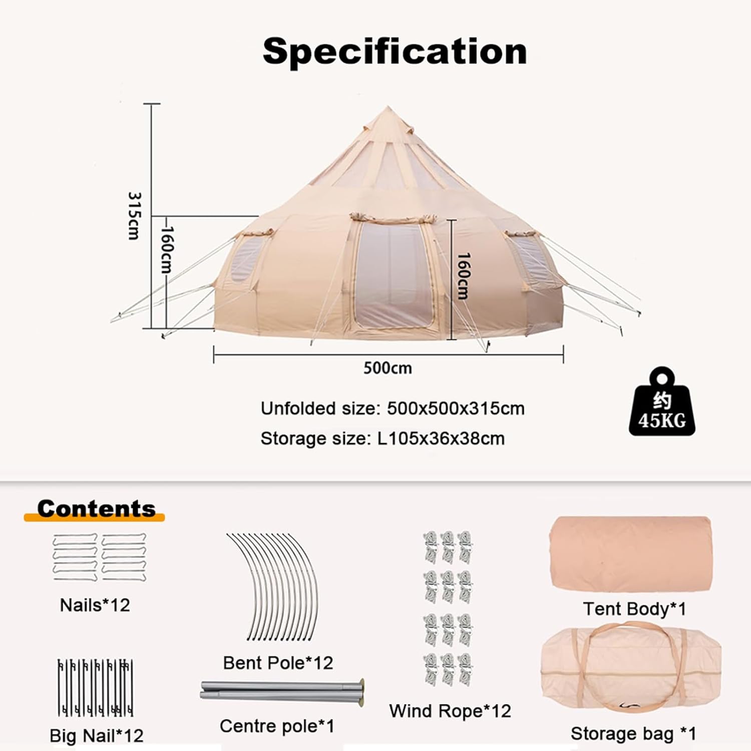 Cotton Canvas Family Camping Tent for 8-10 Person, 4 Season Glamping Tent, Hot Tent with Stove  Yurt Tipi, Teepee Tent, 500x500x315cm, Beige