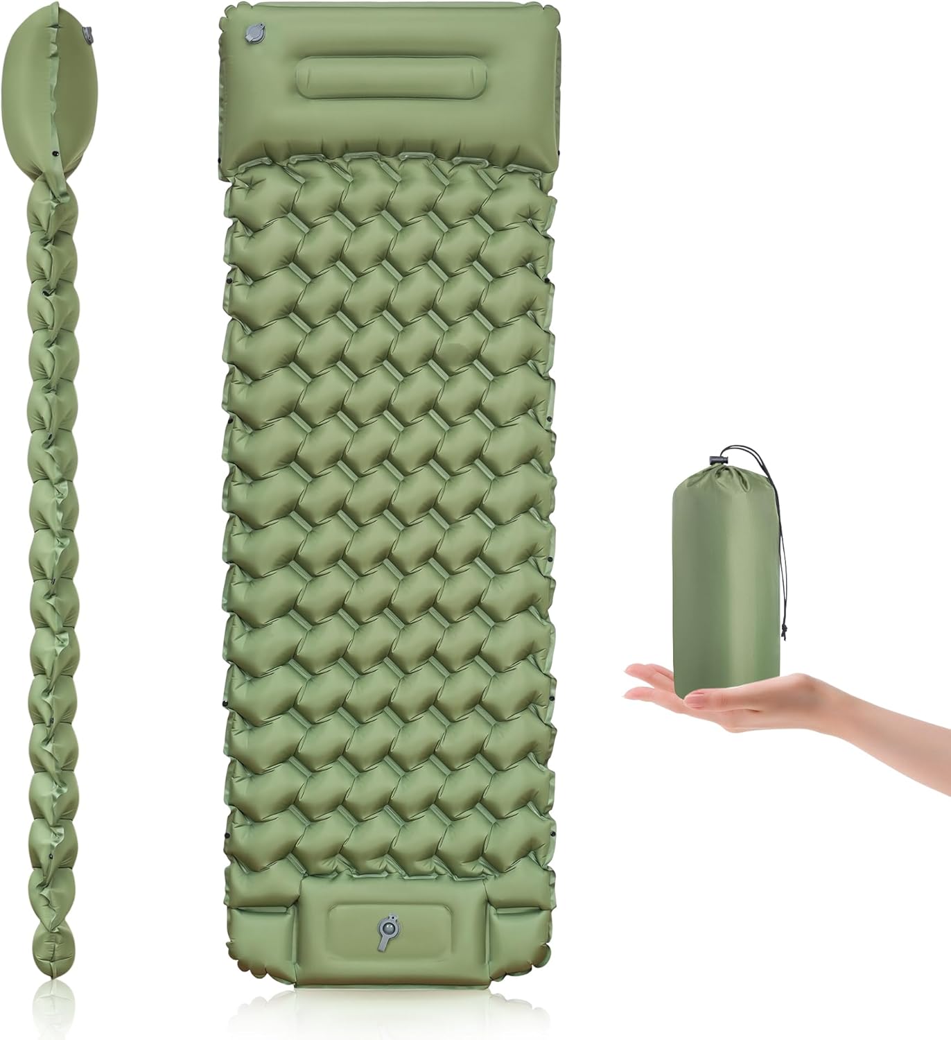 Inflatable Sleeping Pad with Build-in Pump 4-Inch Thick Sleeping Mat Soft Fabric for Comfortable Sleep Ultralight Camping Mattress for Hiking Backpacking Camping Family Trips - Green 1 Pack