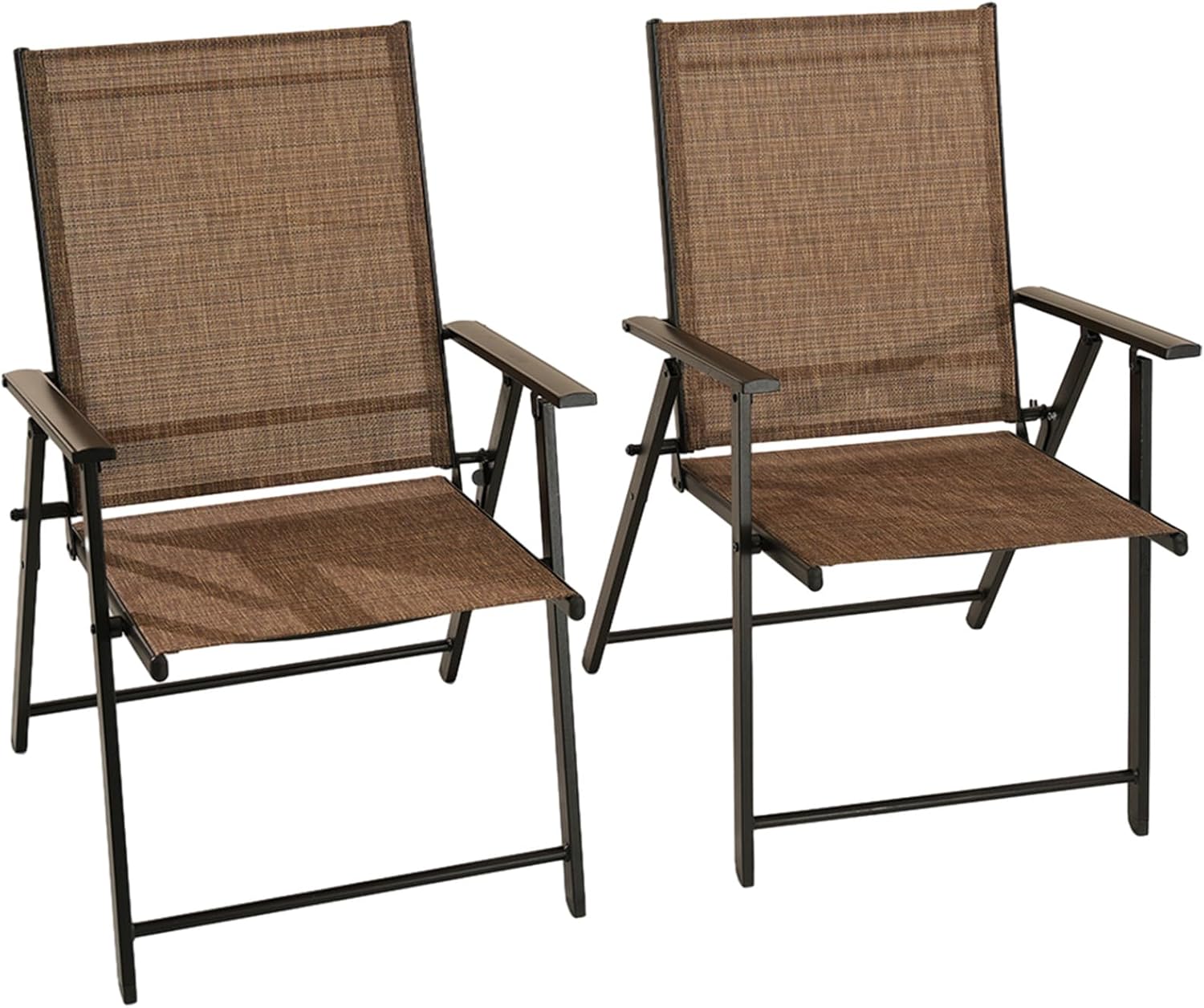 Patio Folding Chairs Set of 2, Outdoor Lawn Chairs with Rustproof Metal Frame, Portable Dining Chairs for Porch, Deck, Garden, Backyard, Camping（Brown）