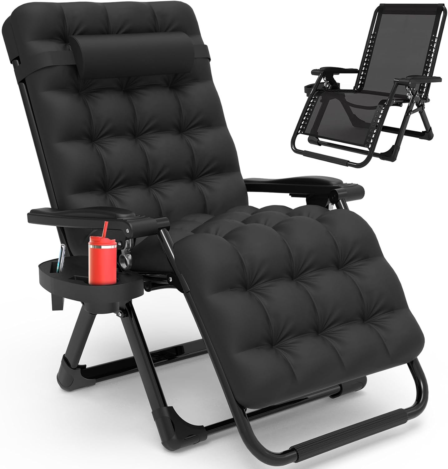 Zero Gravity Chair Lounge Chair Recliner w/Upgraded Lock and Removable Cushion, Reclining Camping Chair w/Cup Holder Tray & Headrest, Folding Reclining Patio Chairs for Indoor Outdoor, Black