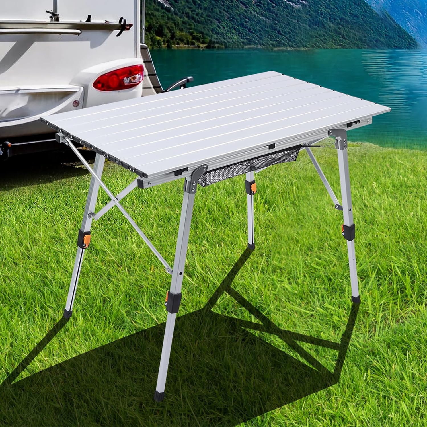 Folding Outdoor Camping Table with Adjustable Legs, Lightweight Aluminum Roll Up Camp Table with Carrying Bag, Mesh Storage Organizer, for Cooking, Picnic, Beach, Backyards, BBQ, Party